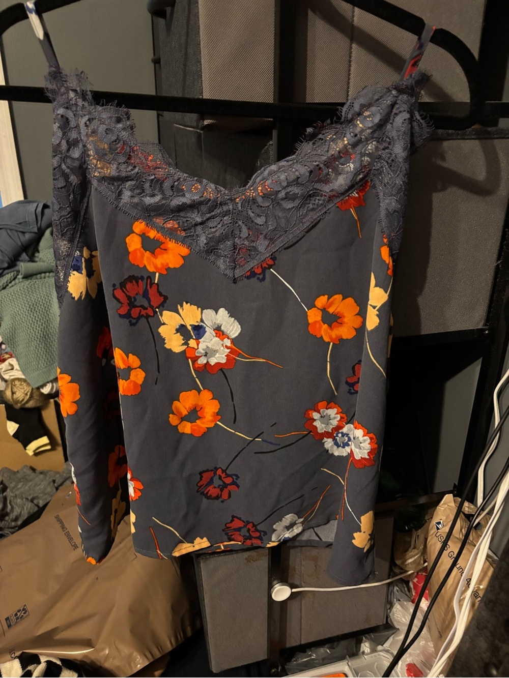 Navy Floral Lace Trim Cami with Orange & White Blooms Xl